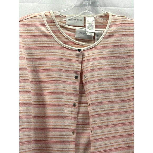 Liz Claiborne Women's Pink White Striped Cardigan Tank Sweater 2 Piece Set L XL - Picture 3 of 10